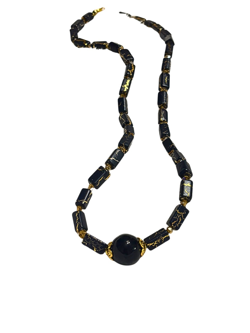 Black and Gold Hand Beaded Necklace With Onyx Round